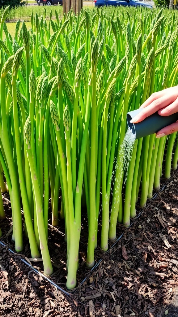 A thriving garden of asparagus spears in sunlight, with fresh soil and mulch, and a gardener watering them.